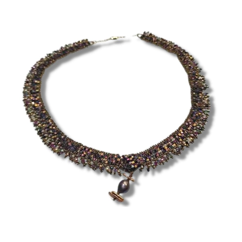 Golden Earth toned Hand Bead Woven Necklace With Pearl Drop